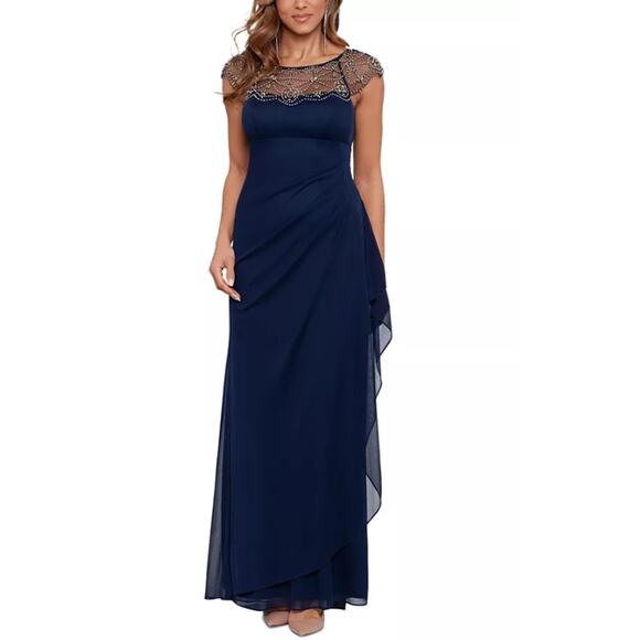 Xscape Beaded Mesh Illusion Neck Ruffle Maxi Dress Sleeveless Formal Gown Blue - Picture 1 of 13
